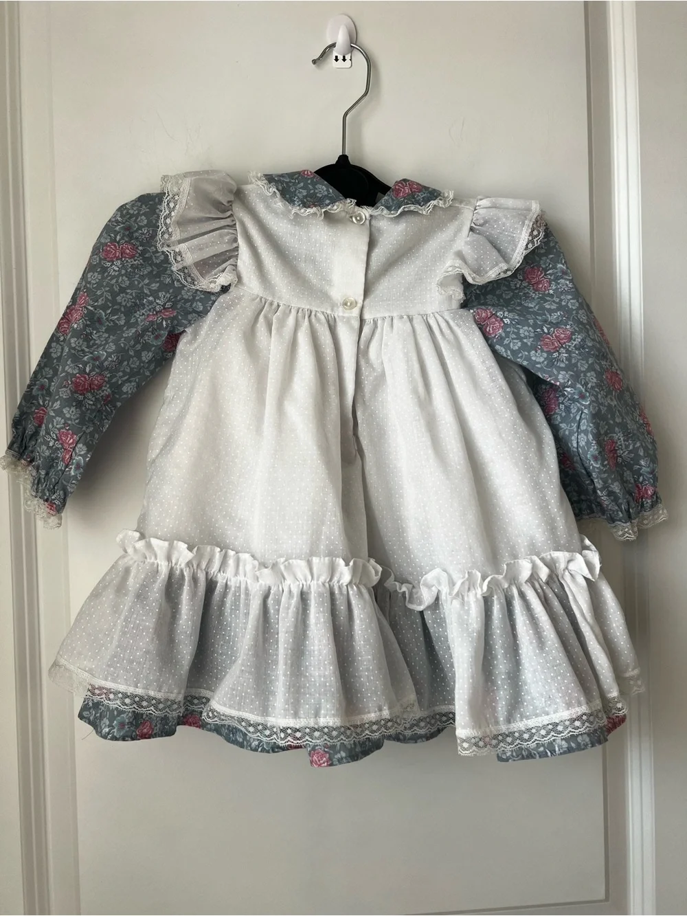 Vitage Peppercorns White & Blue Floral Ruffle Kids Dress with Pink Bow
